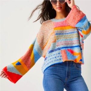 Multicolor Patchwork Crewneck Sweater - Women